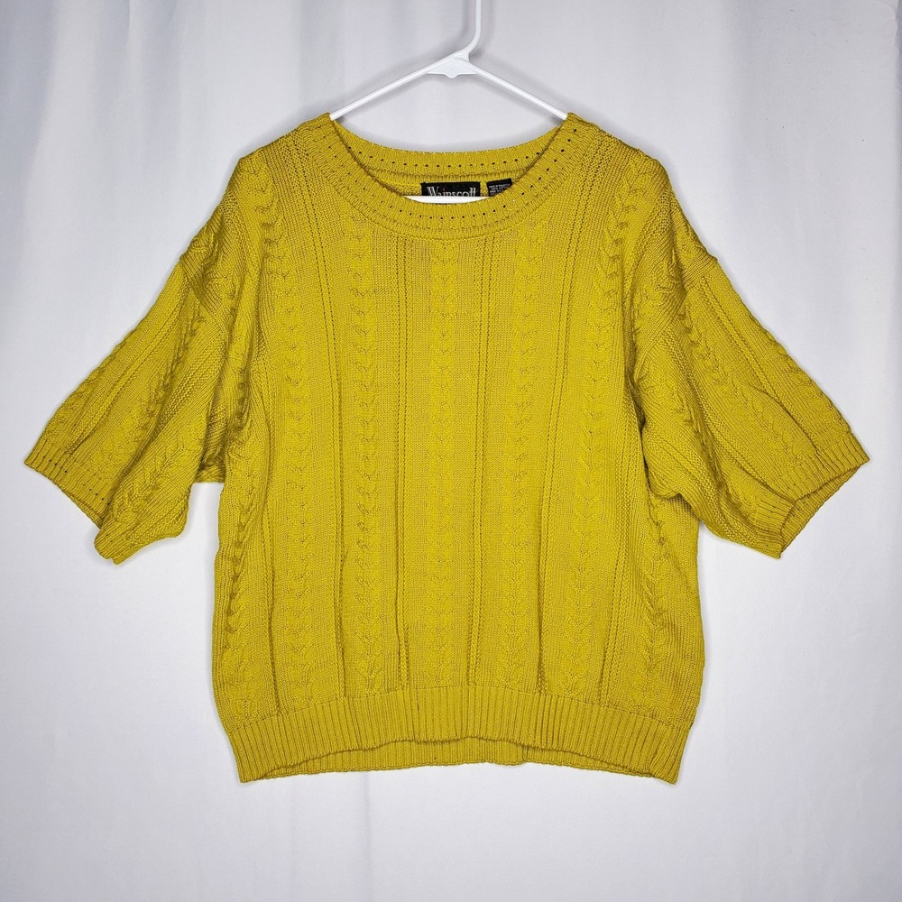 Wainscott Cable Knit Sweater Women Large Chartreuse Short Sleeve Quiet Luxury‎